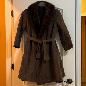 Saks Fifth Avenue Brown Textured Nylon Belted Trench Coat with Mink Fur Trim 10